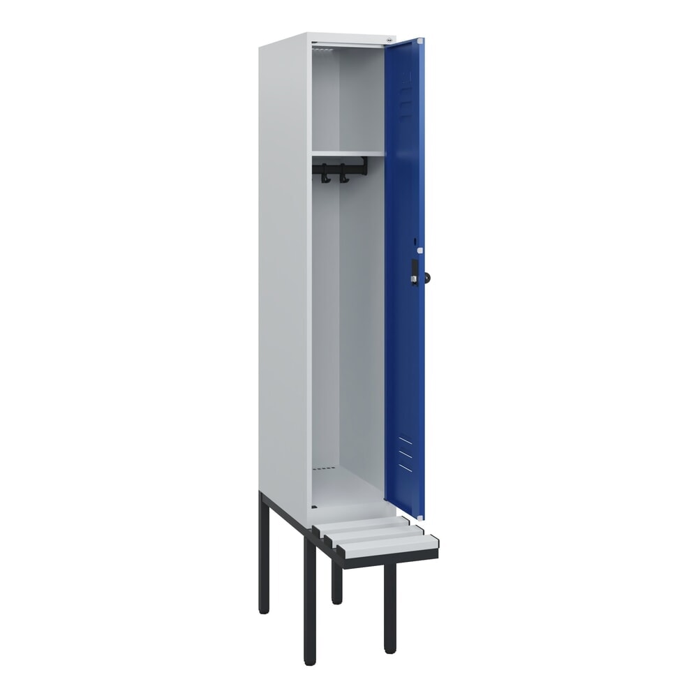 C+P Spind Classic PLUS, 1 Abteil, HxBxT 1.950 x 300 x 815 mm, für Vorhängeschloss, auskragende Bank aus Kunststoff, lichtgrau, enzianblau N° de l'image du produit 1 : C+P Spind Classic PLUS, 1 Abteil, HxBxT 1.950 x 300 x 815 mm, für Vorhängeschloss, auskragende Bank aus Kunststoff, lichtgrau, enzianblau