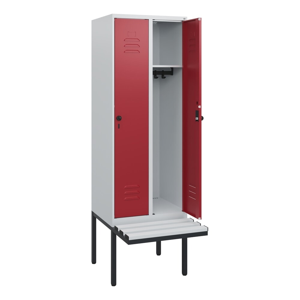 C+P Spind Classic PLUS, 2 Abteile, HxBxT 1.950 x 600 x 815 mm, für Vorhängeschloss, auskragende Bank aus Kunststoff, lichtgrau, rubinrot Produktabbildung Nr. 1: C+P Spind Classic PLUS, 2 Abteile, HxBxT 1.950 x 600 x 815 mm, für Vorhängeschloss, auskragende Bank aus Kunststoff, lichtgrau, rubinrot