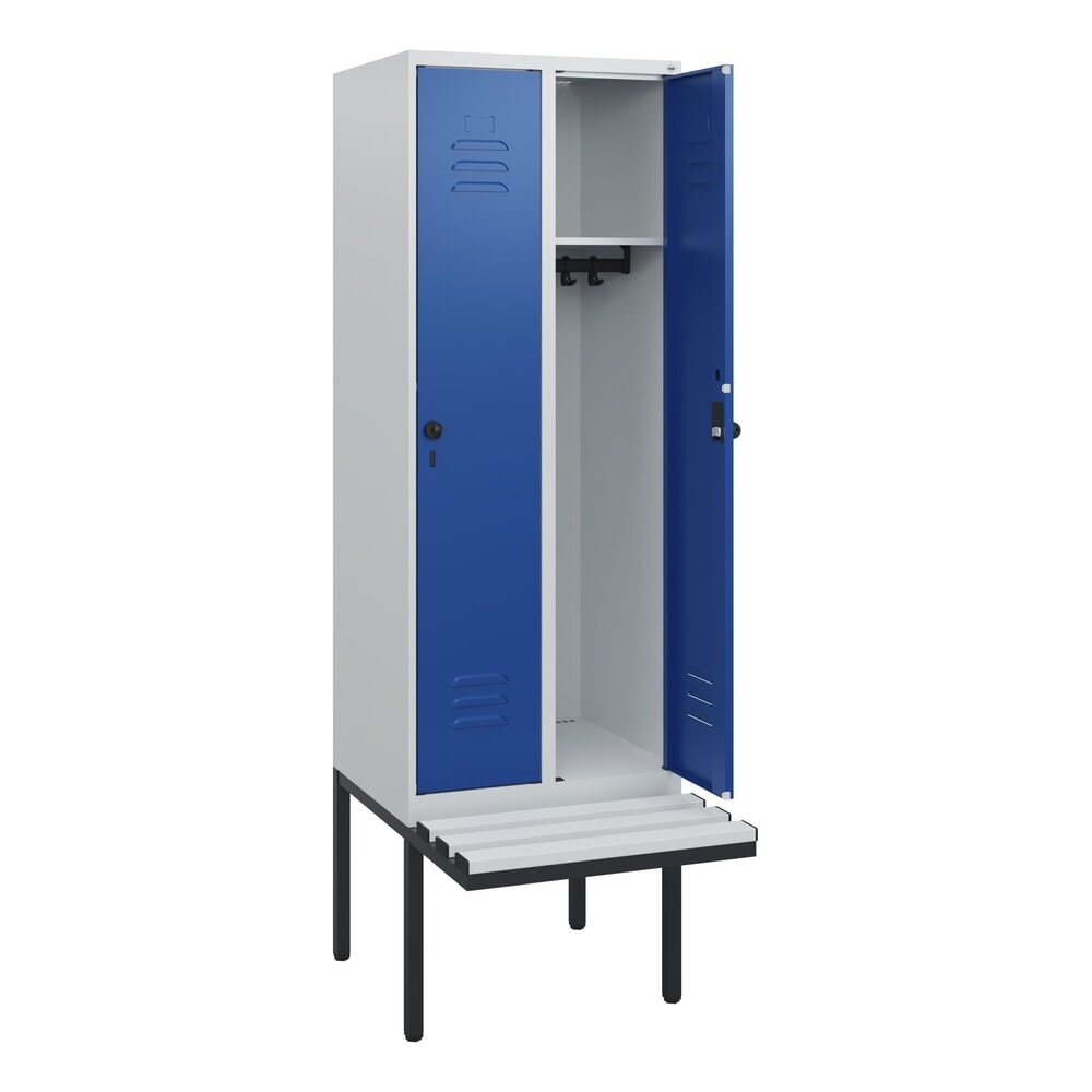 Illustration du produit: C+P Spind Classic PLUS, 2 Abteile, HxBxT 1.950 x 600 x 815 mm, für Vorhängeschloss, auskragende Bank aus Kunststoff, lichtgrau, enzianblau