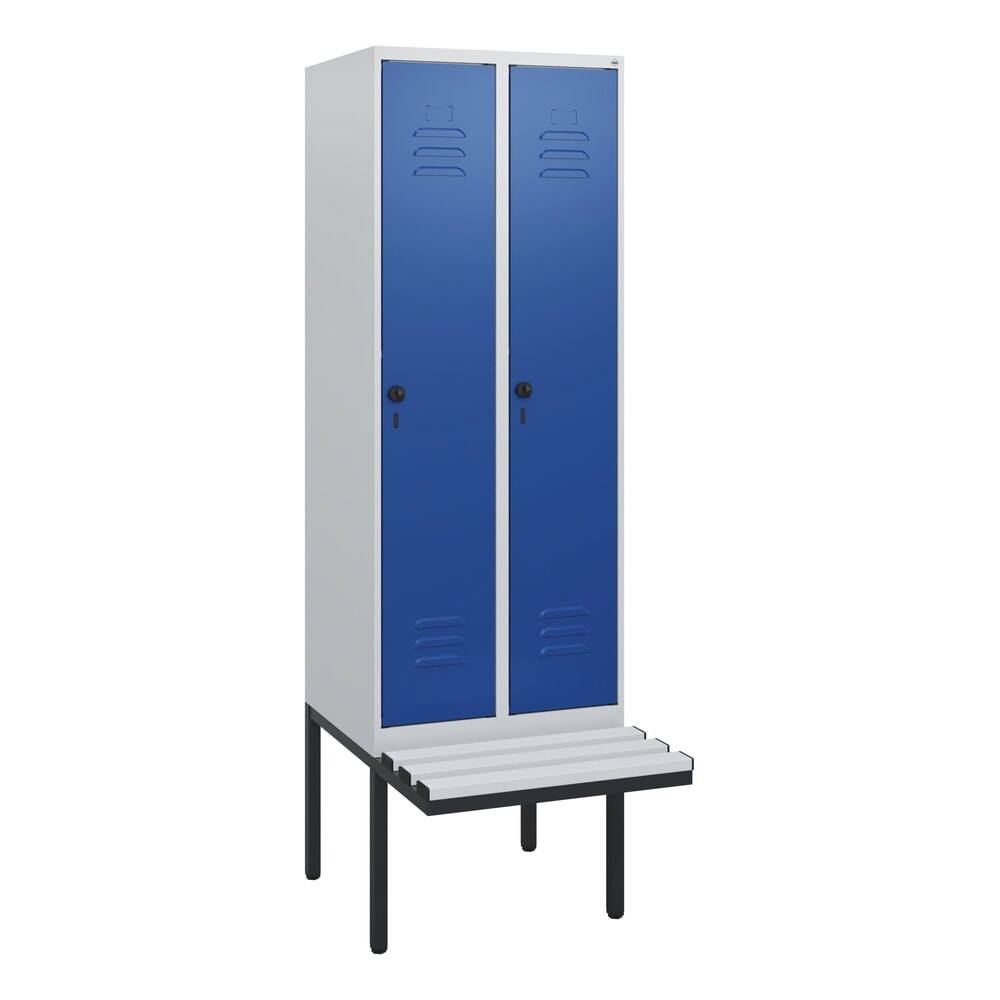 N° de l'image du produit 9 : C+P Spind Classic PLUS, 2 Abteile, HxBxT 1.950 x 600 x 815 mm, für Vorhängeschloss, auskragende Bank aus Kunststoff, lichtgrau, enzianblau