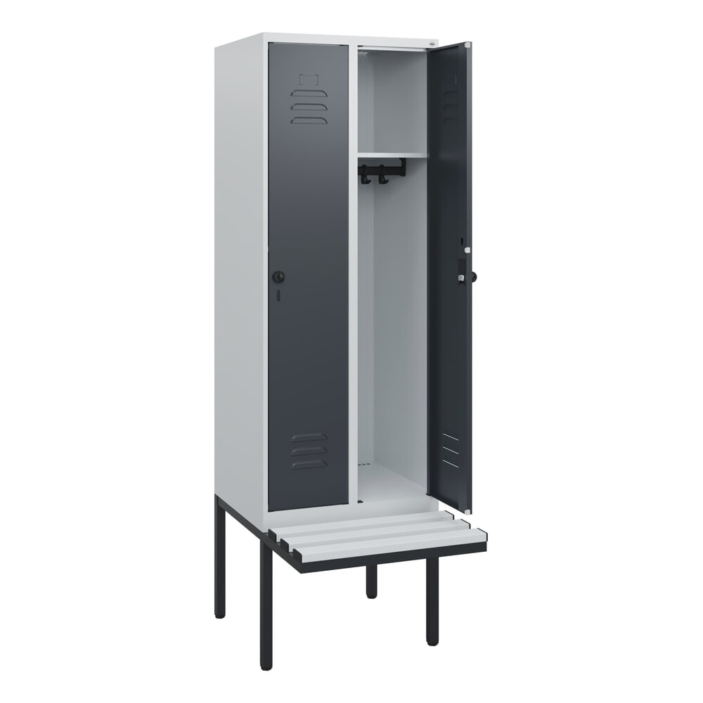 Illustration du produit: C+P Spind Classic PLUS, 2 Abteile, HxBxT 1.950 x 600 x 815 mm, für Vorhängeschloss, auskragende Bank aus Kunststoff, lichtgrau, anthrazitgrau