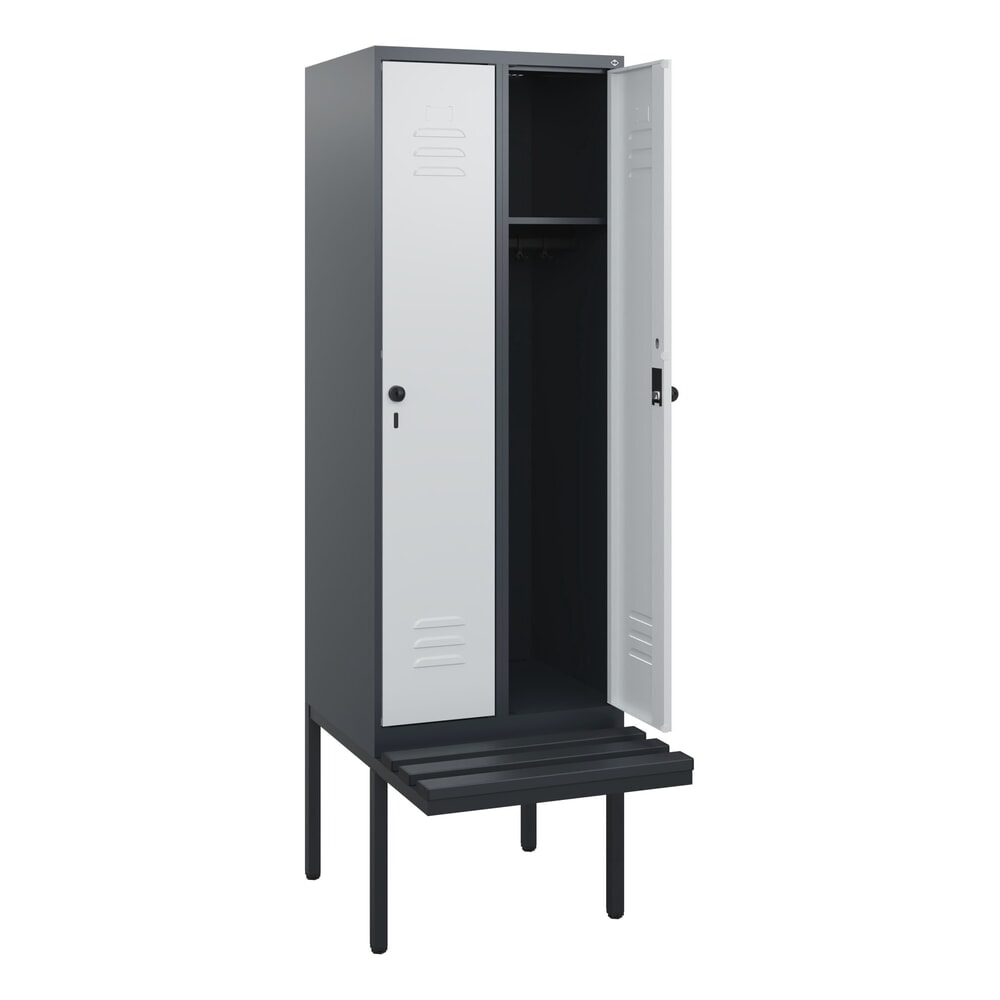 Illustration du produit: C+P Spind Classic PLUS, 2 Abteile, HxBxT 1.950 x 600 x 815 mm, für Vorhängeschloss, auskragende Bank aus Kunststoff, anthrazitgrau, lichtgrau