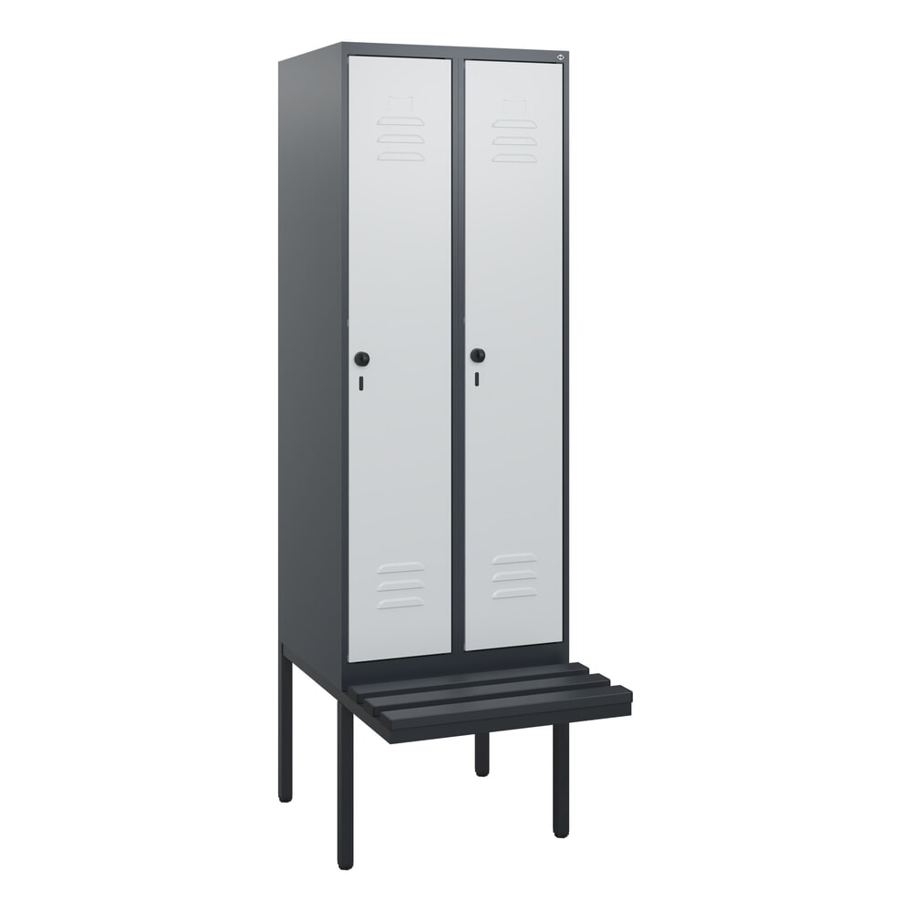N° de l'image du produit 9 : C+P Spind Classic PLUS, 2 Abteile, HxBxT 1.950 x 600 x 815 mm, für Vorhängeschloss, auskragende Bank aus Kunststoff, anthrazitgrau, lichtgrau