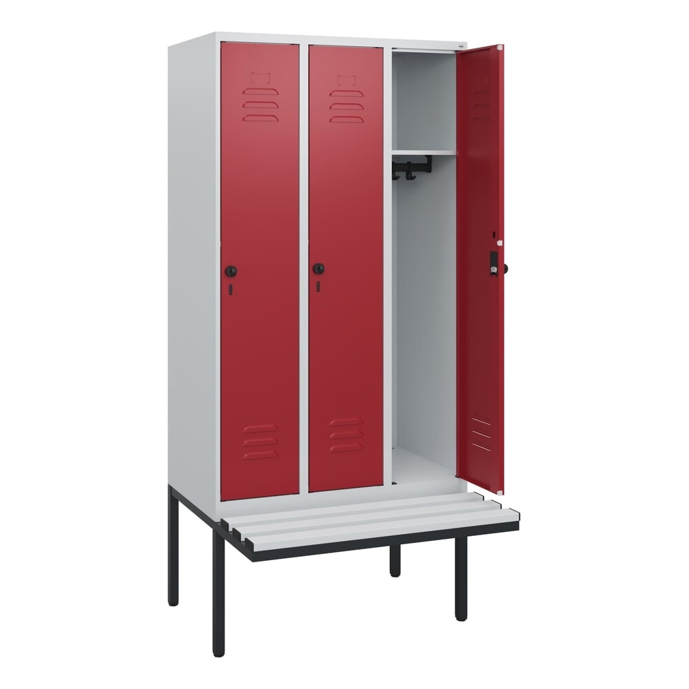 Illustration du produit: C+P Spind Classic PLUS, 3 Abteile, HxBxT 1.950 x 900 x 815 mm, für Vorhängeschloss, auskragende Bank aus Kunststoff, lichtgrau, rubinrot