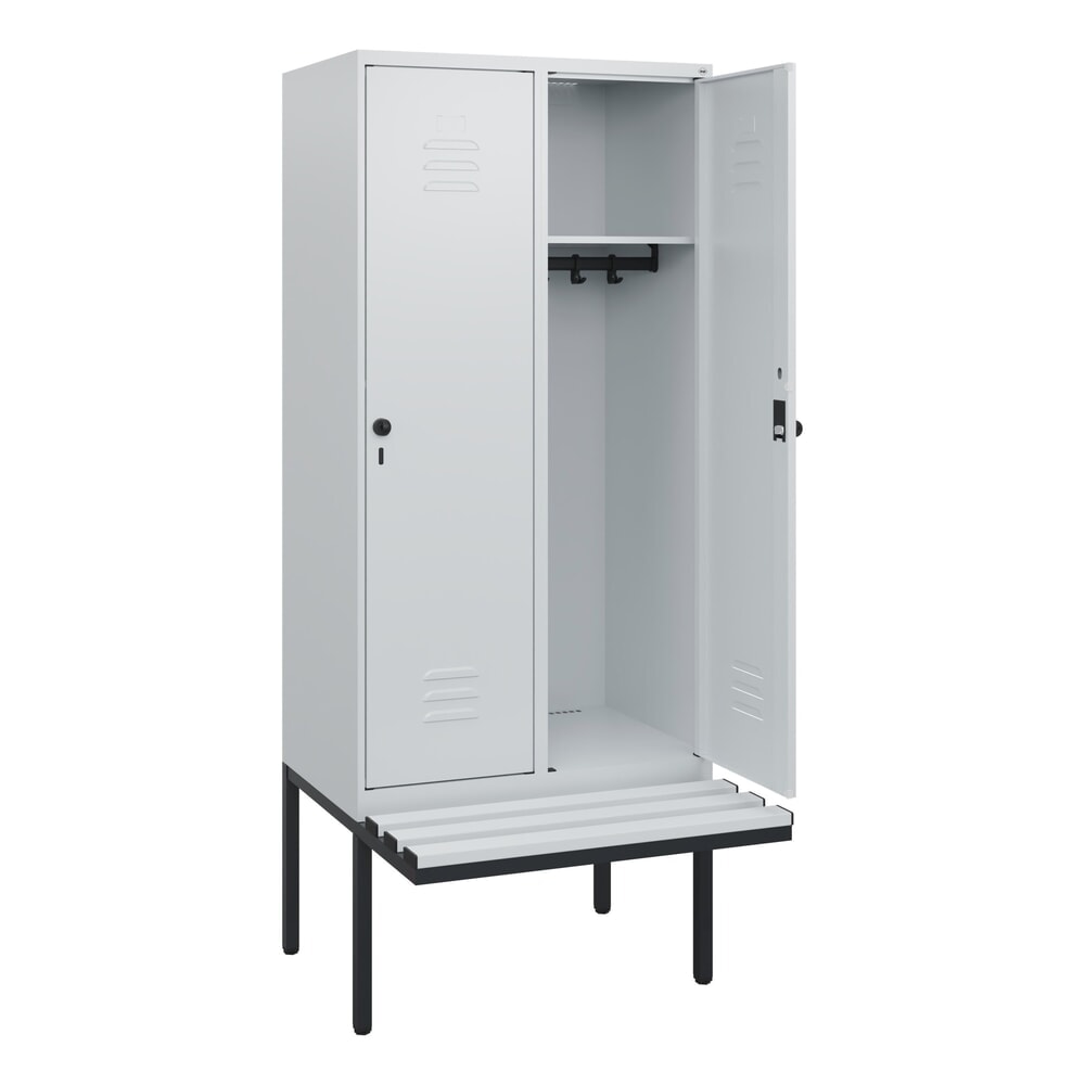 Illustration du produit: C+P Spind Classic PLUS, 2 Abteile, HxBxT 1.950 x 800 x 815 mm, für Vorhängeschloss, auskragende Bank aus Kunststoff, lichtgrau, lichtgrau