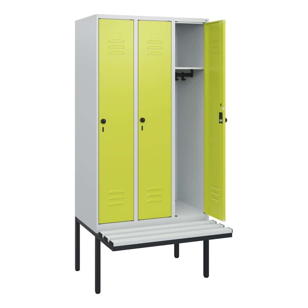 Produktabbildung: C+P Spind Classic PLUS, 3 Abteile, HxBxT 1.950 x 900 x 815 mm, für Vorhängeschloss, auskragende Bank aus Kunststoff, lichtgrau, clowngrün