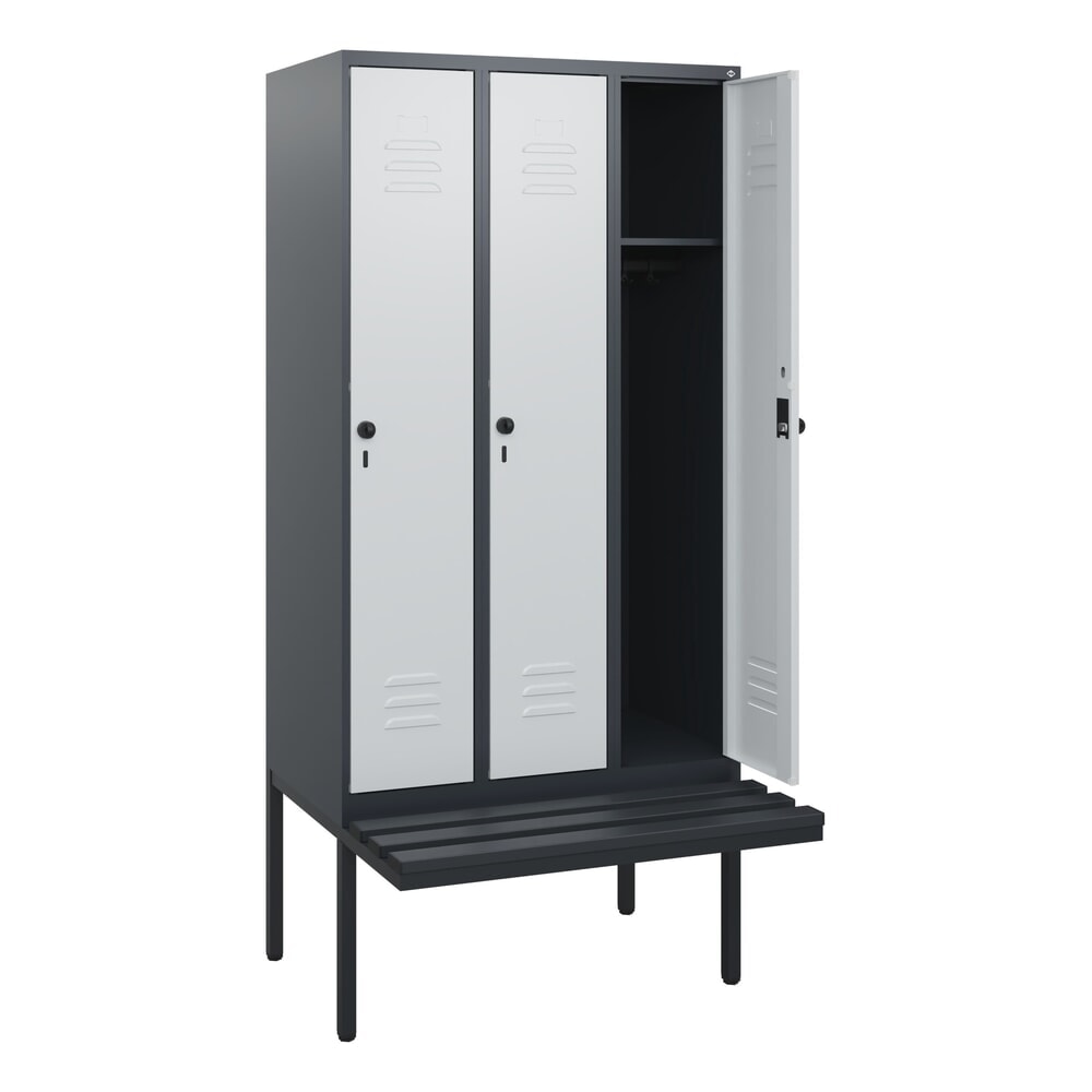 Illustration du produit: C+P Spind Classic PLUS, 3 Abteile, HxBxT 1.950 x 900 x 815 mm, für Vorhängeschloss, auskragende Bank aus Kunststoff, anthrazitgrau, lichtgrau