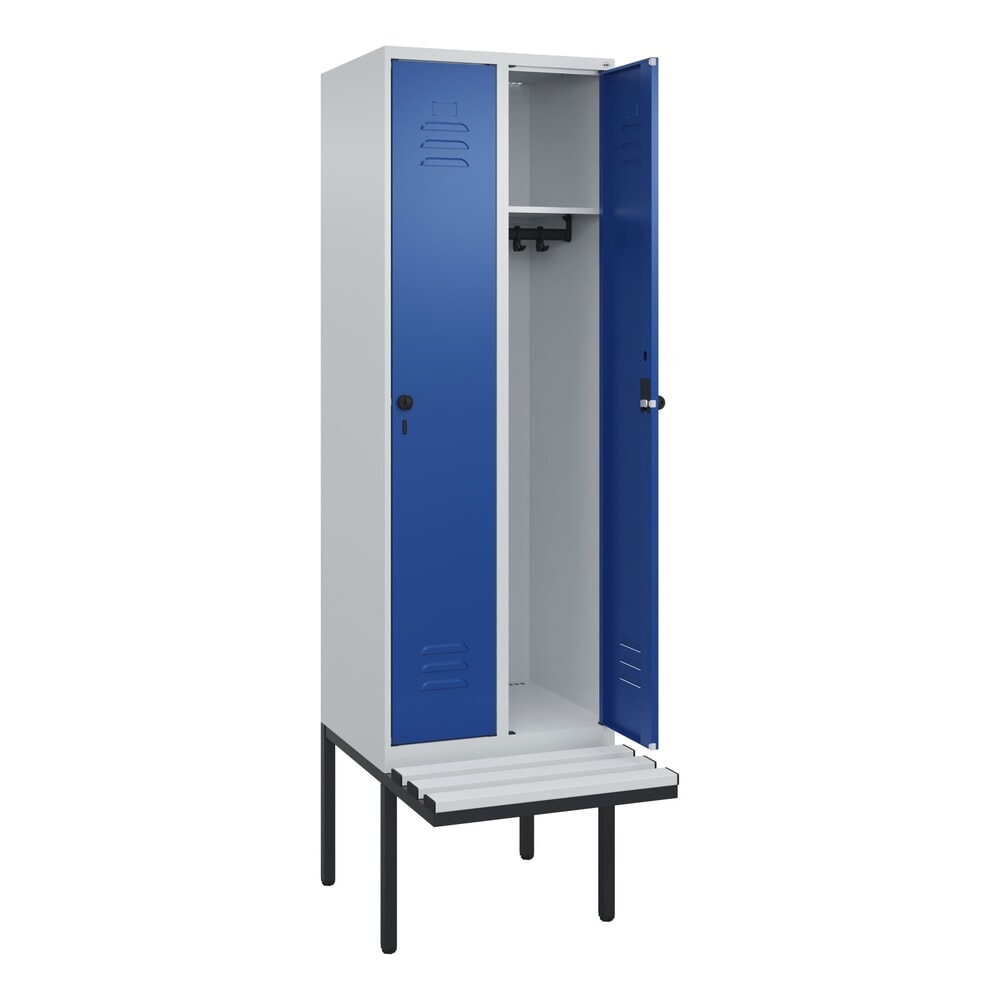 Produktabbildung: C+P Spind Classic PLUS, 2 Abteile, HxBxT 2.120 x 600 x 815 mm, für Vorhängeschloss, auskragende Bank aus Kunststoff, lichtgrau, enzianblau