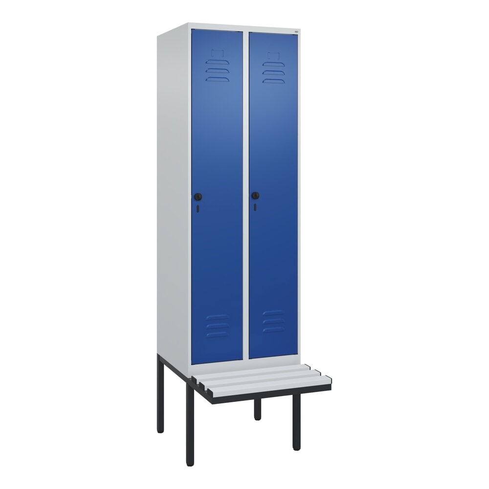 Produktabbildung Nr. 9: C+P Spind Classic PLUS, 2 Abteile, HxBxT 2.120 x 600 x 815 mm, für Vorhängeschloss, auskragende Bank aus Kunststoff, lichtgrau, enzianblau