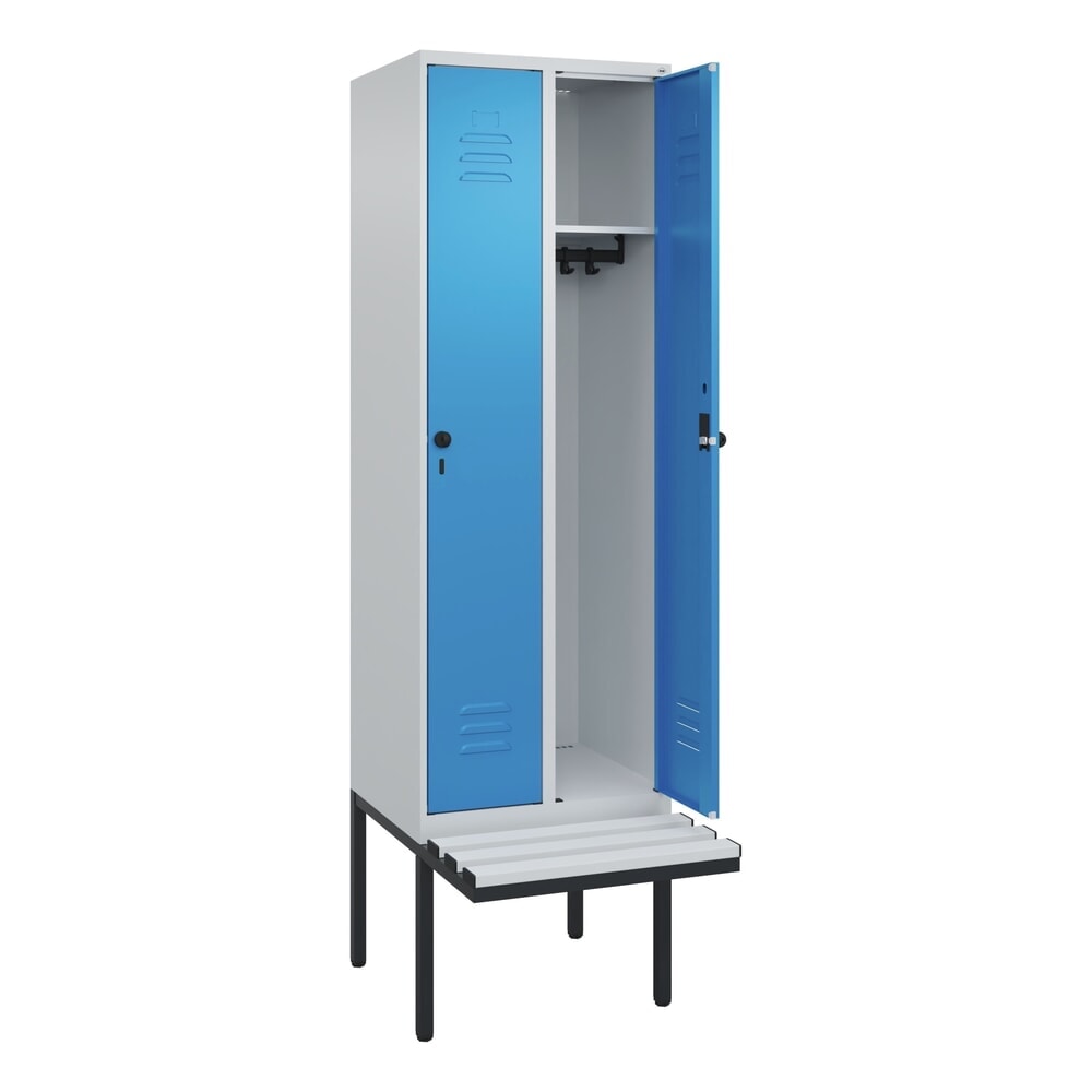 Produktabbildung: C+P Spind Classic PLUS, 2 Abteile, HxBxT 2.120 x 600 x 815 mm, für Vorhängeschloss, auskragende Bank aus Kunststoff, lichtgrau, lichtblau