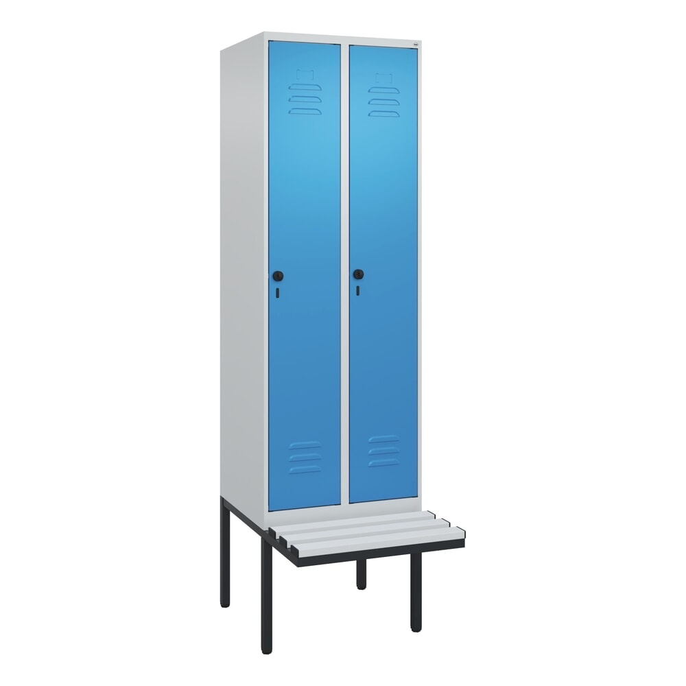 Produktabbildung Nr. 9: C+P Spind Classic PLUS, 2 Abteile, HxBxT 2.120 x 600 x 815 mm, für Vorhängeschloss, auskragende Bank aus Kunststoff, lichtgrau, lichtblau