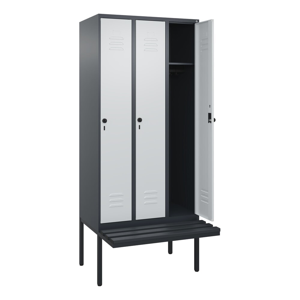 C+P Spind Classic PLUS, 3 Abteile, HxBxT 2.120 x 900 x 815 mm, für Vorhängeschloss, auskragende Bank aus Kunststoff, anthrazitgrau, lichtgrau N° de l'image du produit 1 : C+P Spind Classic PLUS, 3 Abteile, HxBxT 2.120 x 900 x 815 mm, für Vorhängeschloss, auskragende Bank aus Kunststoff, anthrazitgrau, lichtgrau
