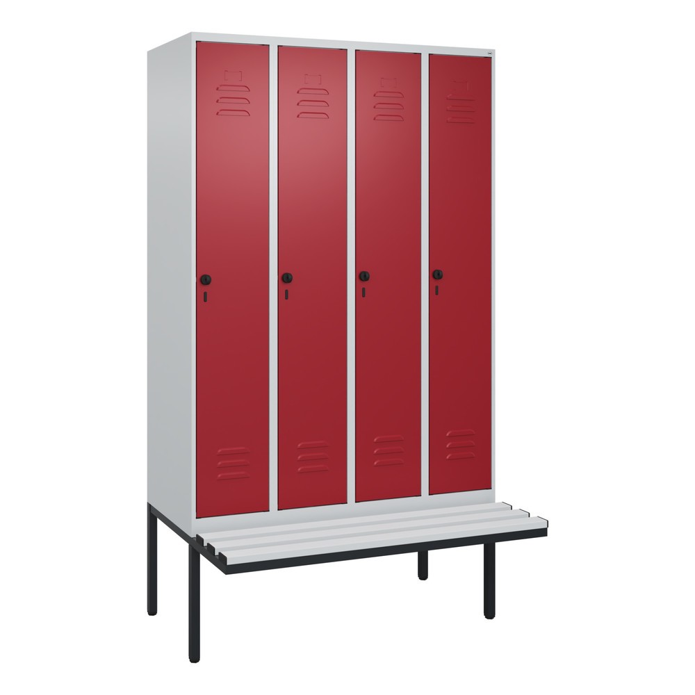 Illustration du produit: C+P Spind Classic PLUS, 4 Abteile, Trennwand, HxBxT 2.120 x 1.200 x 815 mm, für Vorhängeschloss, auskragende Bank aus Kunststoff, lichtgrau, rubinrot