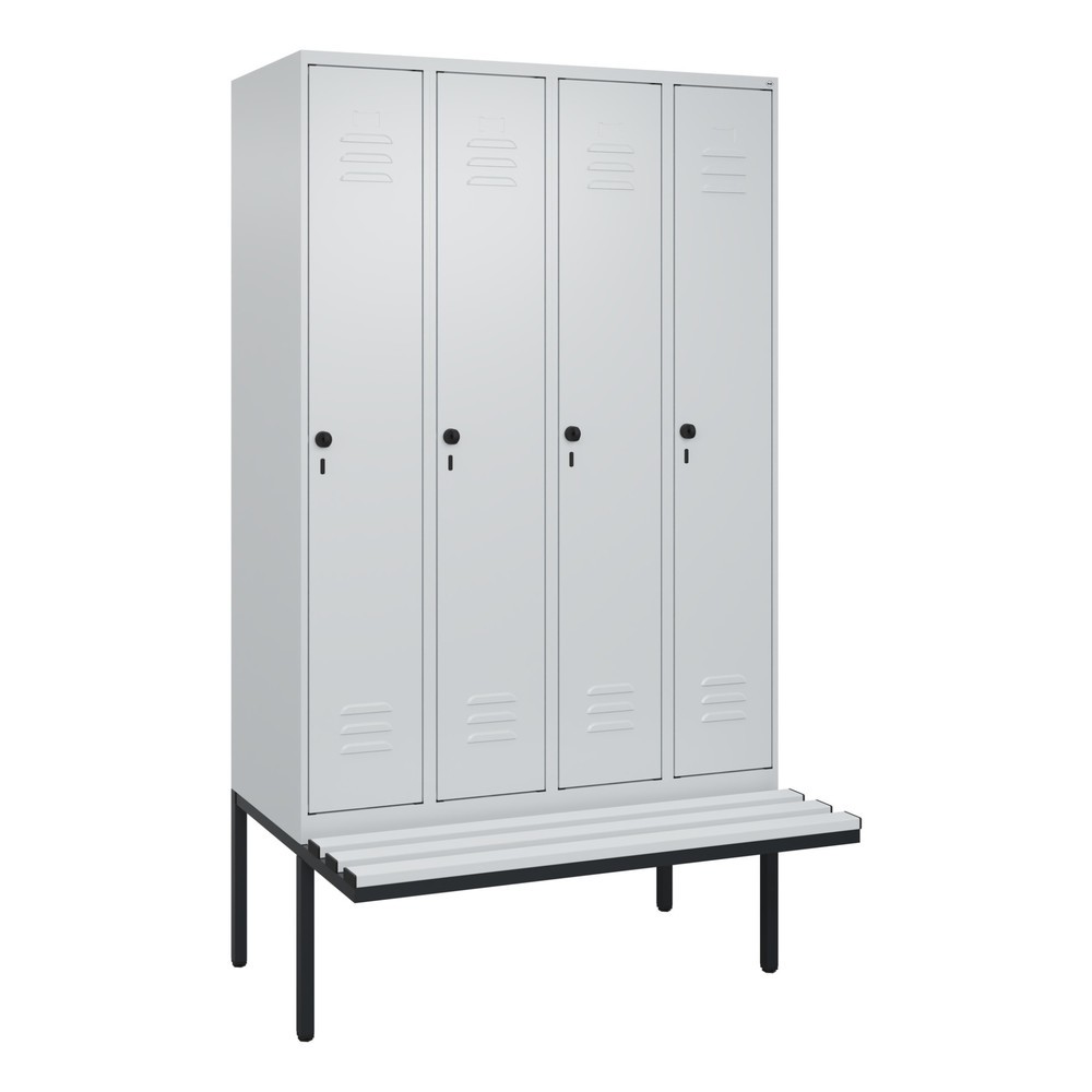 Illustration du produit: C+P Spind Classic PLUS, 4 Abteile, Trennwand, HxBxT 2.120 x 1.200 x 815 mm, für Vorhängeschloss, auskragende Bank aus Kunststoff, lichtgrau, lichtgrau