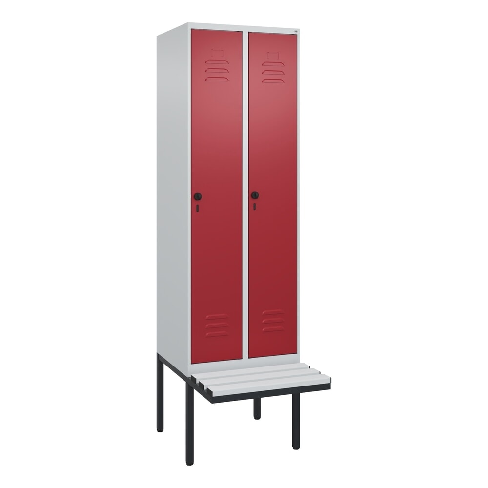N° de l'image du produit 9 : C+P Spind Classic PLUS, 2 Abteile, Trennwand, HxBxT 2.120 x 600 x 815 mm, für Vorhängeschloss, auskragende Bank aus Kunststoff, lichtgrau, rubinrot