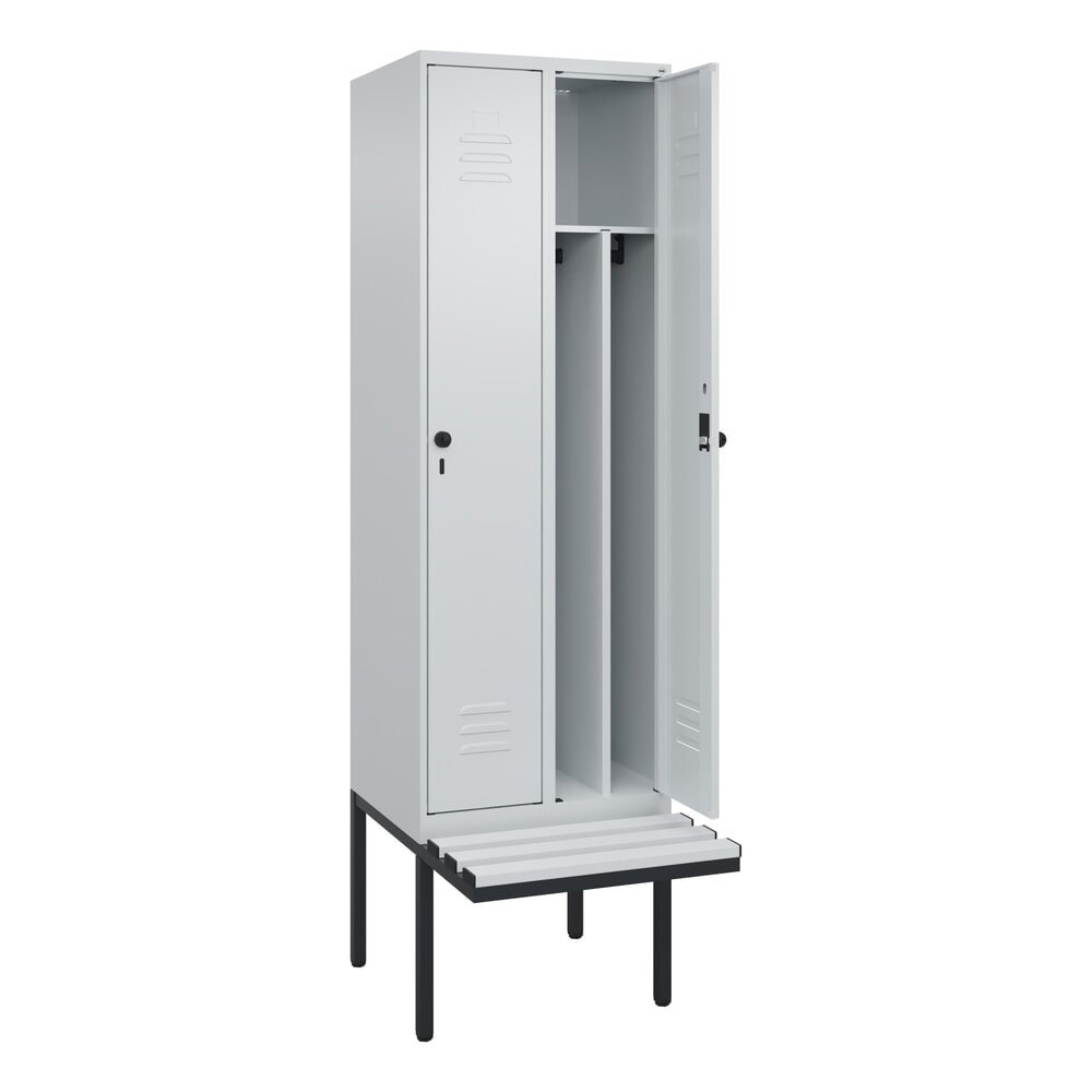 Illustration du produit: C+P Spind Classic PLUS, 2 Abteile, Trennwand, HxBxT 2.120 x 600 x 815 mm, für Vorhängeschloss, auskragende Bank aus Kunststoff, lichtgrau, lichtgrau