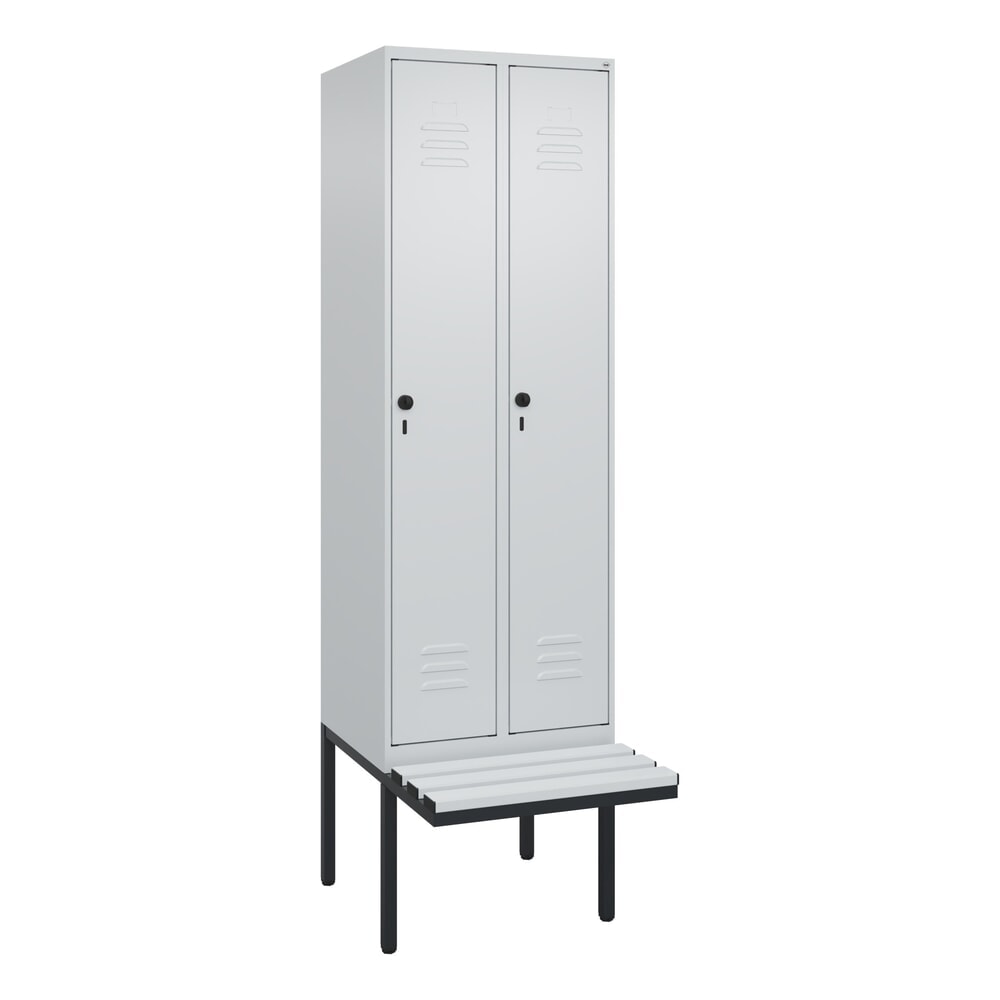 N° de l'image du produit 9 : C+P Spind Classic PLUS, 2 Abteile, Trennwand, HxBxT 2.120 x 600 x 815 mm, für Vorhängeschloss, auskragende Bank aus Kunststoff, lichtgrau, lichtgrau
