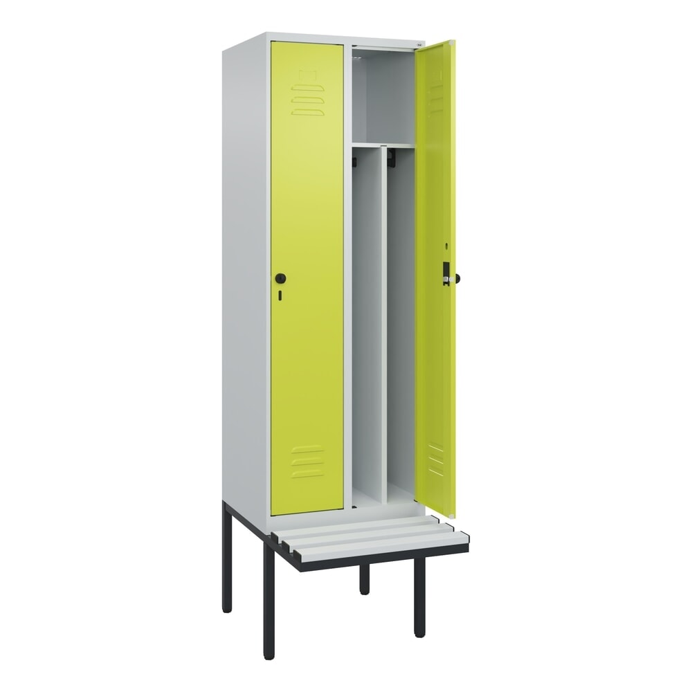 Illustration du produit: C+P Spind Classic PLUS, 2 Abteile, Trennwand, HxBxT 2.120 x 600 x 815 mm, für Vorhängeschloss, auskragende Bank aus Kunststoff, lichtgrau, clowngrün