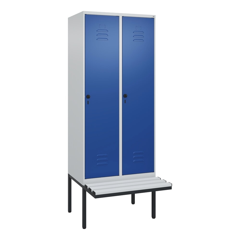 N° de l'image du produit 9 : C+P Spind Classic PLUS, 2 Abteile, Trennwand, HxBxT 2.120 x 800 x 815 mm, für Vorhängeschloss, auskragende Bank aus Kunststoff, lichtgrau, enzianblau