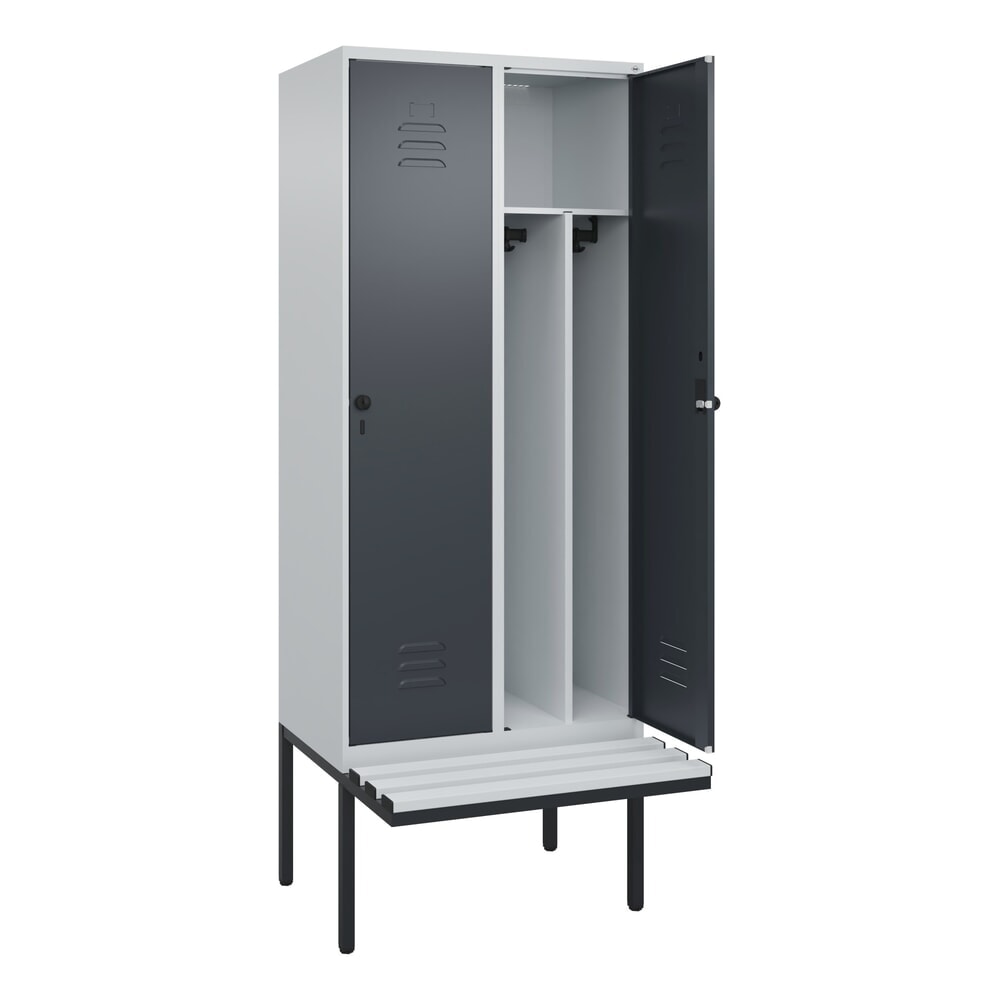 Illustration du produit: C+P Spind Classic PLUS, 2 Abteile, Trennwand, HxBxT 2.120 x 800 x 815 mm, für Vorhängeschloss, auskragende Bank aus Kunststoff, lichtgrau, anthrazitgrau