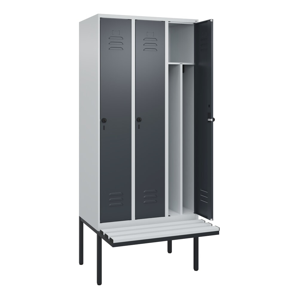 Produktabbildung: C+P Spind Classic PLUS, 3 Abteile, Trennwand, HxBxT 2.120 x 900 x 815 mm, für Vorhängeschloss, auskragende Bank aus Kunststoff, lichtgrau, anthrazitgrau