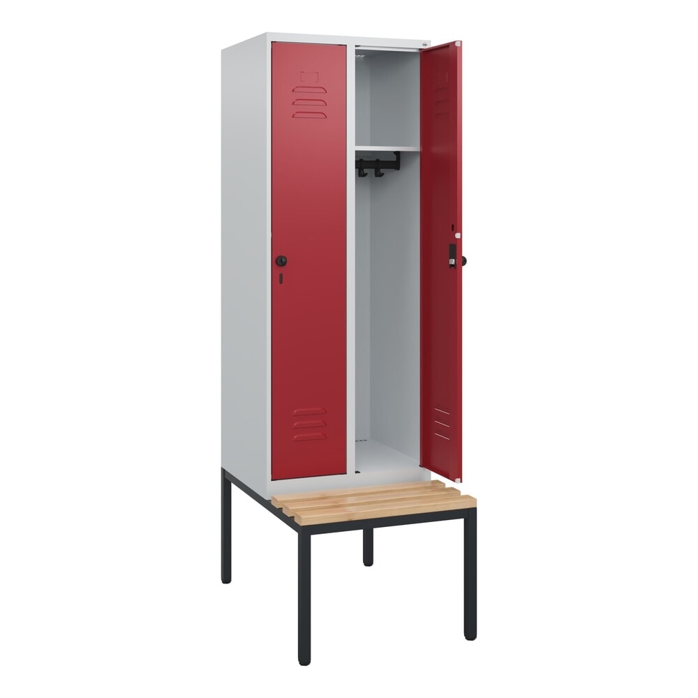 Illustration du produit: C+P Spind Classic PLUS, 2 Abteile, HxBxT 1.950 x 600 x 815 mm, für Vorhängeschloss, untergebaute Bank aus Buche, lichtgrau, rubinrot
