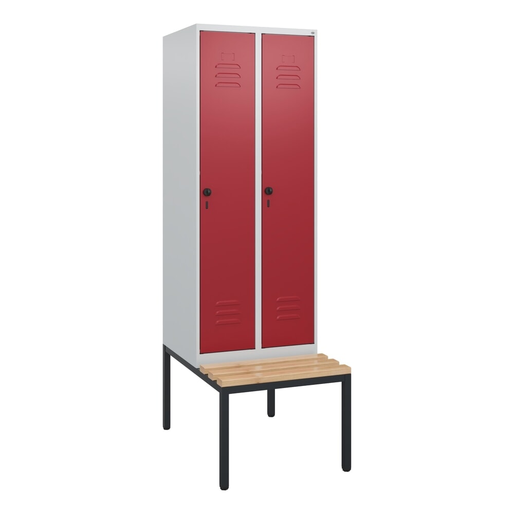 N° de l'image du produit 8 : C+P Spind Classic PLUS, 2 Abteile, HxBxT 1.950 x 600 x 815 mm, für Vorhängeschloss, untergebaute Bank aus Buche, lichtgrau, rubinrot