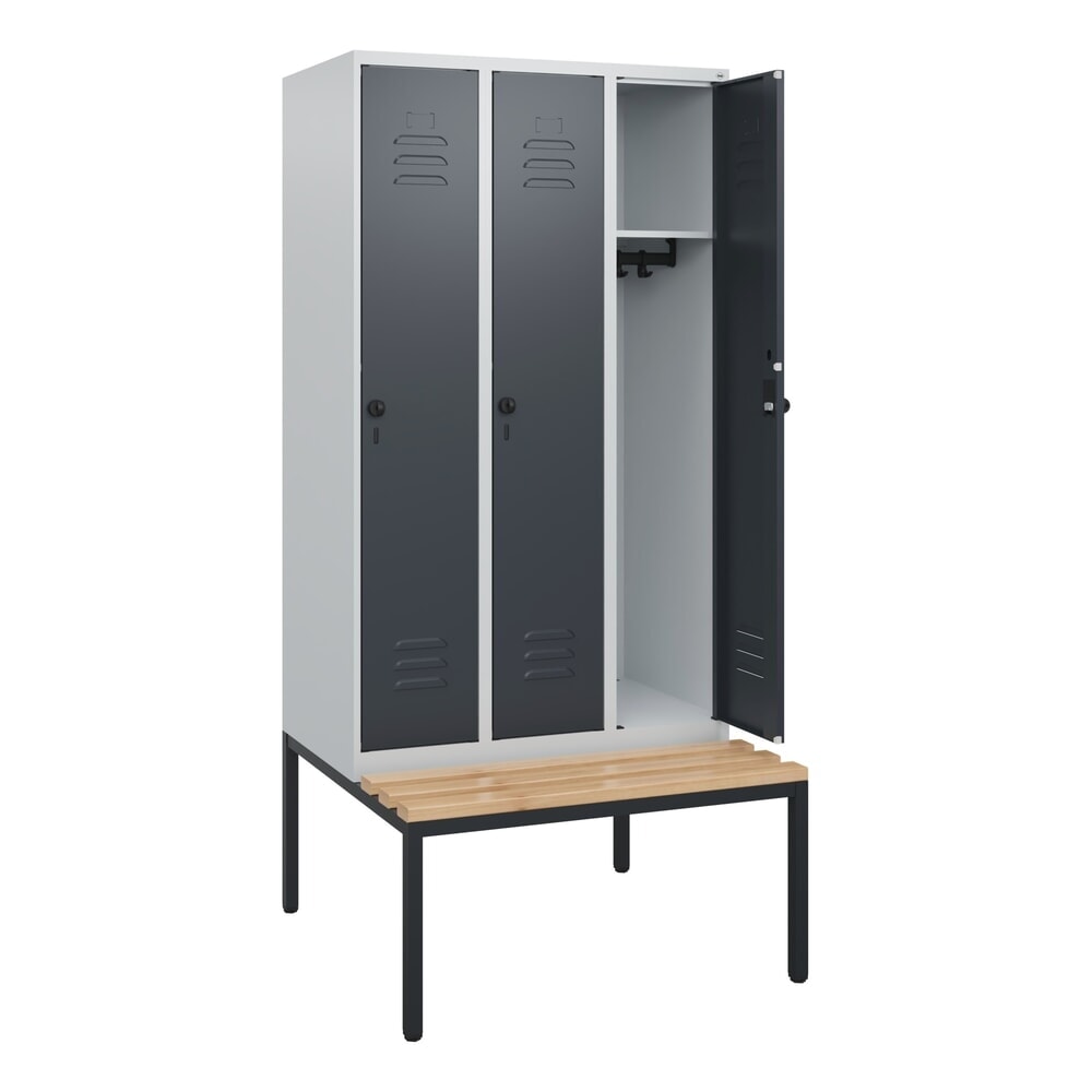 Illustration du produit: C+P Spind Classic PLUS, 3 Abteile, HxBxT 1.950 x 900 x 815 mm, für Vorhängeschloss, untergebaute Bank aus Buche, lichtgrau, anthrazitgrau