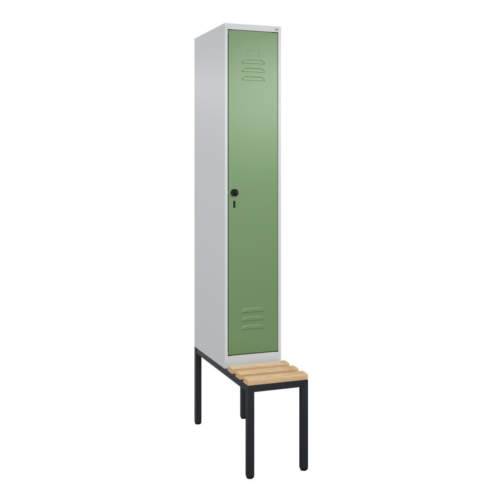 Produktabbildung: C+P Spind Classic PLUS, 1 Abteil, HxBxT 2.120 x 300 x 815 mm, für Vorhängeschloss, untergebaute Bank aus Buche, lichtgrau, resedagrün