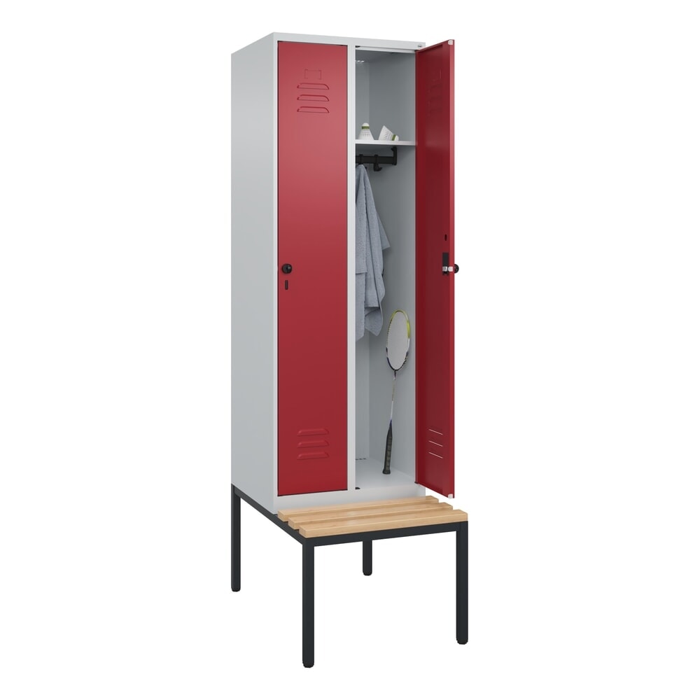 N° de l'image du produit 9 : C+P Spind Classic PLUS, 2 Abteile, HxBxT 2.120 x 600 x 815 mm, für Vorhängeschloss, untergebaute Bank aus Buche, lichtgrau, rubinrot