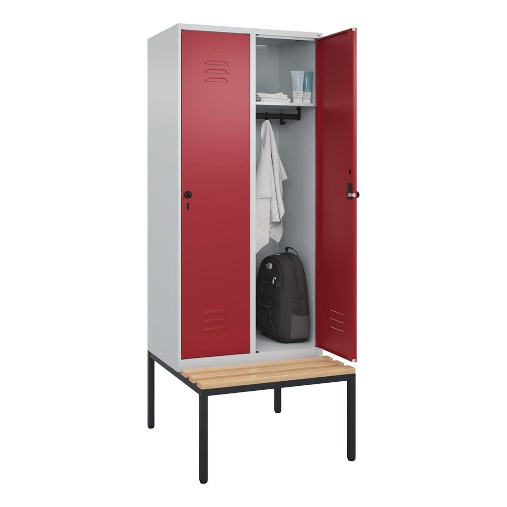 Produktabbildung Nr. 9: C+P Spind Classic PLUS, 2 Abteile, HxBxT 2.120 x 800 x 815 mm, für Vorhängeschloss, untergebaute Bank aus Buche, lichtgrau, rubinrot