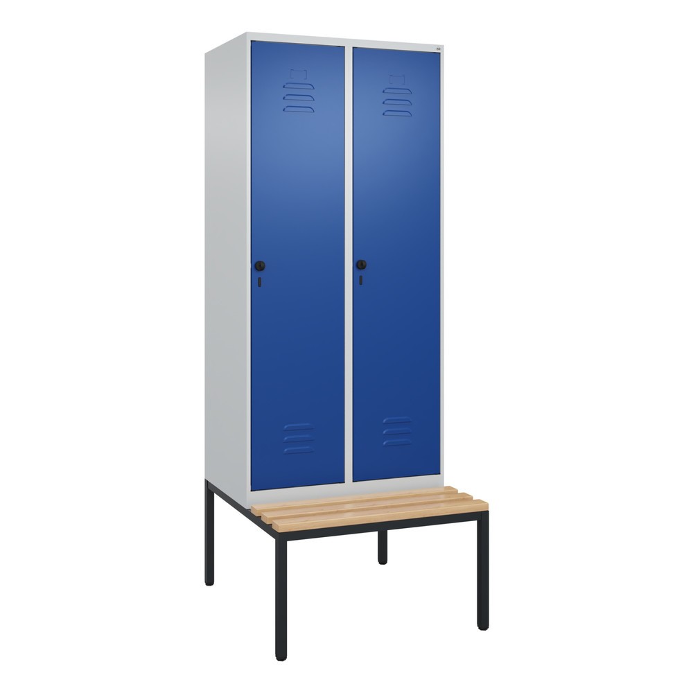 Illustration du produit: C+P Spind Classic PLUS, 2 Abteile, Trennwand, HxBxT 2.120 x 800 x 815 mm, für Vorhängeschloss, Trennwand, untergebaute Bank aus Buche, lichtgrau, enzianblau