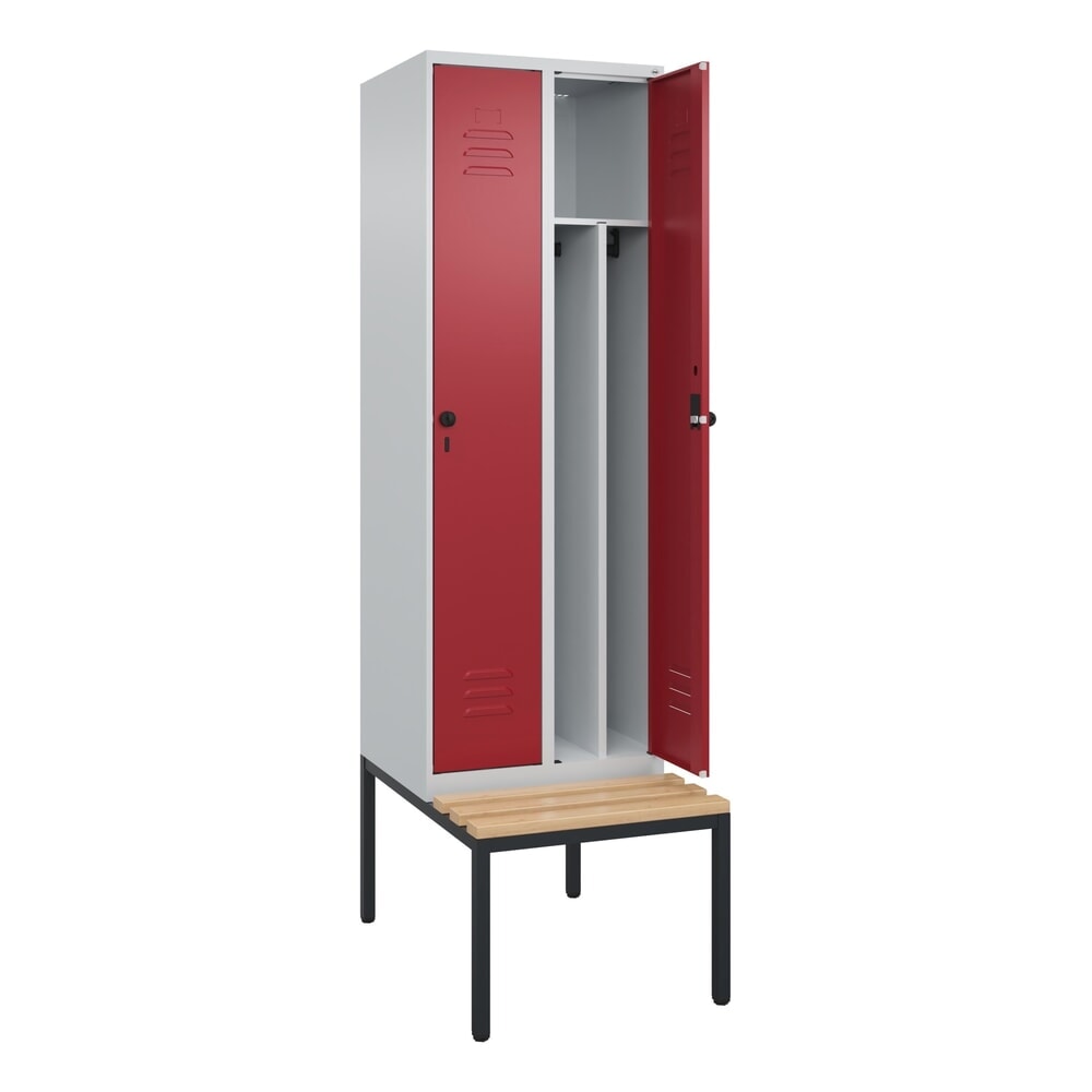 Illustration du produit: C+P Spind Classic PLUS, 2 Abteile, Trennwand, HxBxT 2.120 x 600 x 815 mm, für Vorhängeschloss, Trennwand, untergebaute Bank aus Buche, lichtgrau, rubinrot