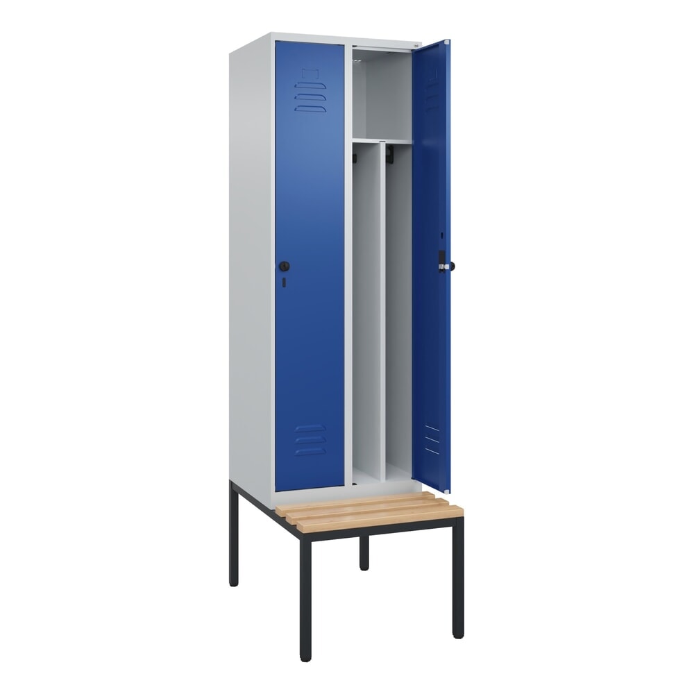 Illustration du produit: C+P Spind Classic PLUS, 2 Abteile, Trennwand, HxBxT 2.120 x 600 x 815 mm, für Vorhängeschloss, Trennwand, untergebaute Bank aus Buche, lichtgrau, enzianblau