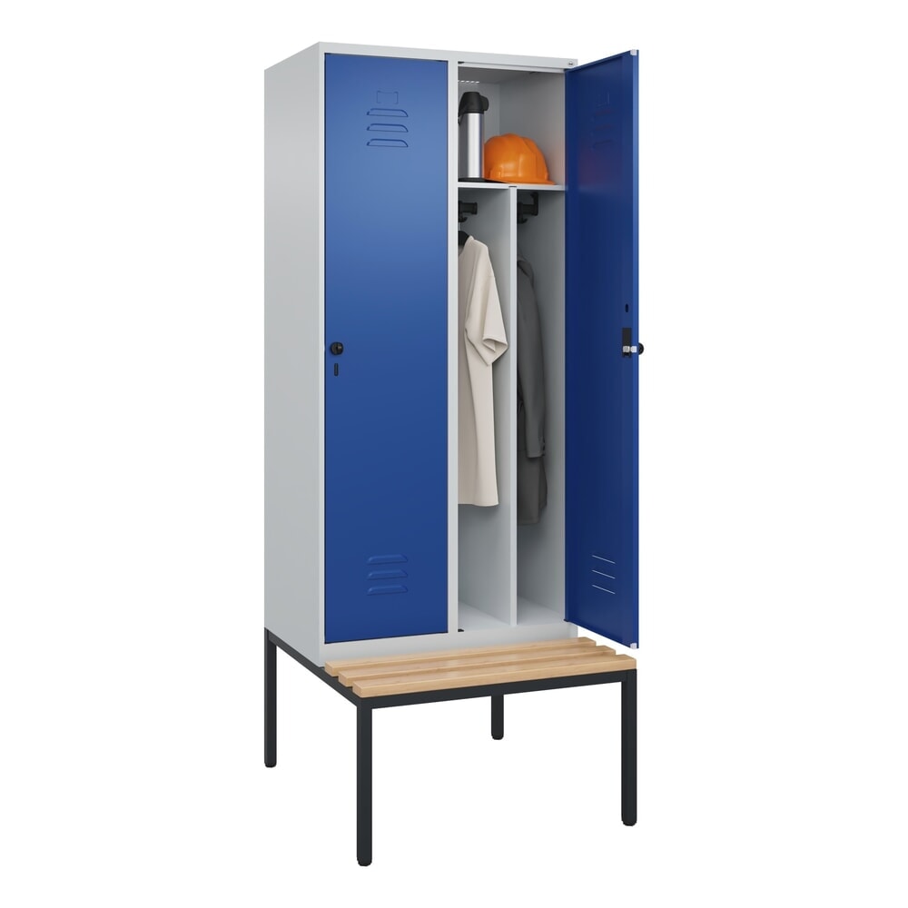 N° de l'image du produit 10 : C+P Spind Classic PLUS, 2 Abteile, Trennwand, HxBxT 2.120 x 800 x 815 mm, für Vorhängeschloss, Trennwand, untergebaute Bank aus Buche, lichtgrau, enzianblau