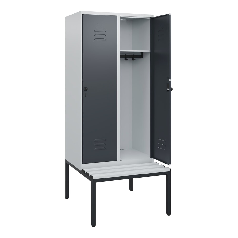 Illustration du produit: C+P Spind Classic PLUS, 2 Abteile, HxBxT 1.950 x 800 x 815 mm, für Vorhängeschloss, untergebaute Bank aus Kunststoff, lichtgrau, anthrazitgrau