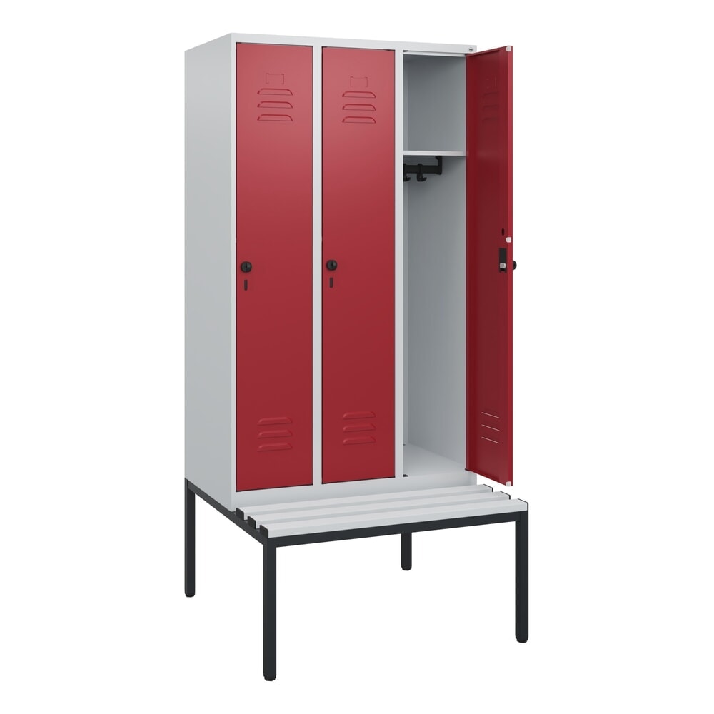 Produktabbildung: C+P Spind Classic PLUS, 3 Abteile, HxBxT 1.950 x 900 x 815 mm, für Vorhängeschloss, untergebaute Bank aus Kunststoff, lichtgrau, rubinrot