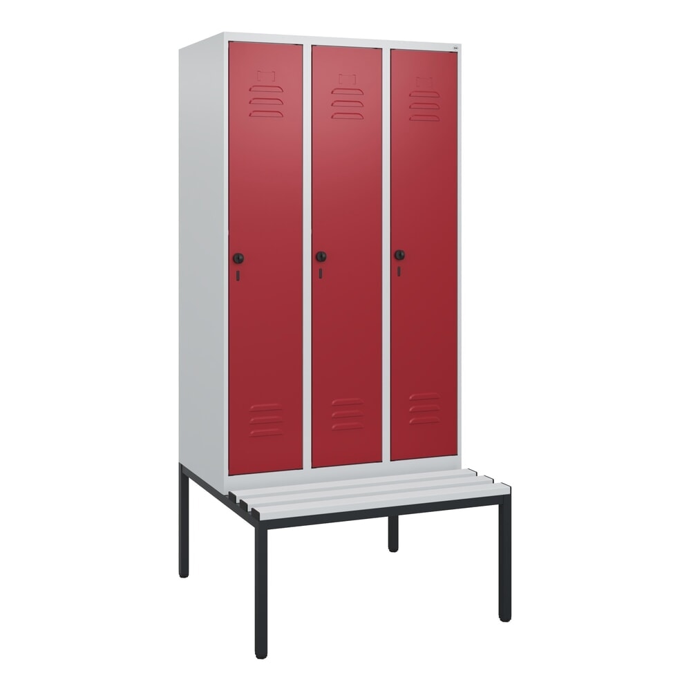 Produktabbildung Nr. 9: C+P Spind Classic PLUS, 3 Abteile, HxBxT 1.950 x 900 x 815 mm, für Vorhängeschloss, untergebaute Bank aus Kunststoff, lichtgrau, rubinrot