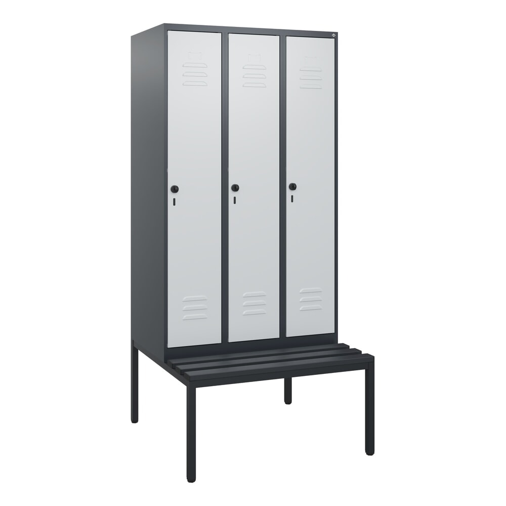 N° de l'image du produit 9 : C+P Spind Classic PLUS, 3 Abteile, HxBxT 1.950 x 900 x 815 mm, für Vorhängeschloss, untergebaute Bank aus Kunststoff, anthrazitgrau, lichtgrau
