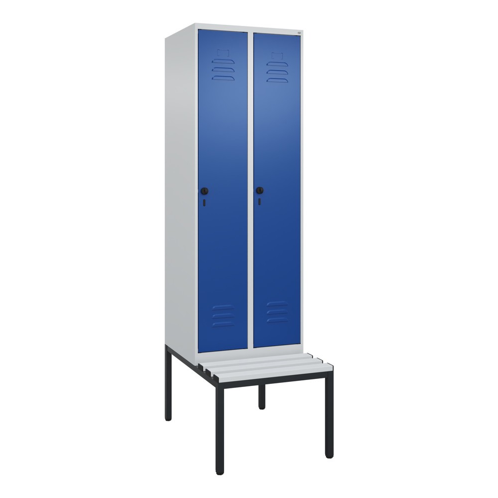 Produktabbildung: C+P Spind Classic PLUS, 2 Abteile, HxBxT 2.120 x 600 x 815 mm, für Vorhängeschloss, untergebaute Bank aus Kunststoff, lichtgrau, enzianblau