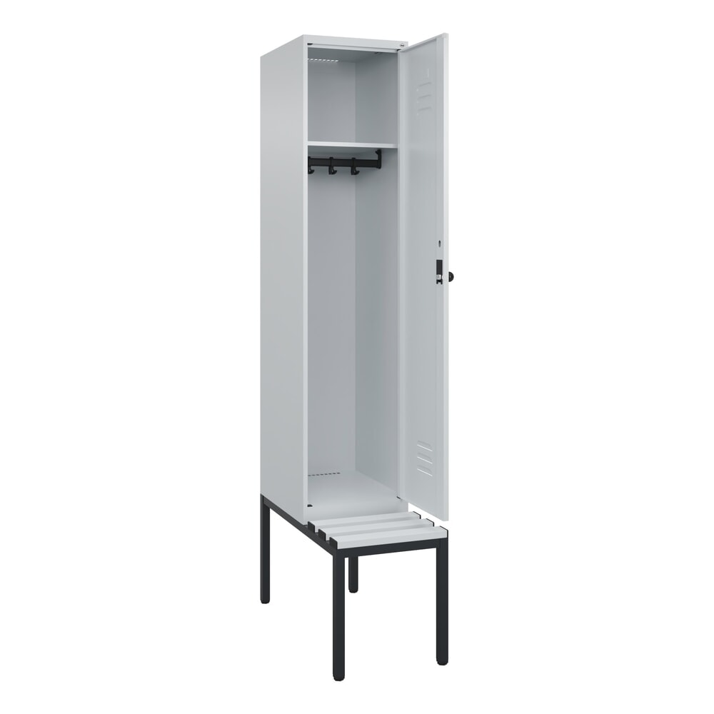Illustration du produit: C+P Spind Classic PLUS, 1 Abteil, HxBxT 2.120 x 400 x 815 mm, für Vorhängeschloss, untergebaute Bank aus Kunststoff, lichtgrau, lichtgrau