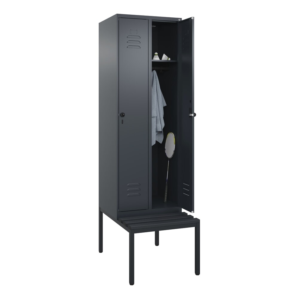 N° de l'image du produit 10 : C+P Spind Classic PLUS, 2 Abteile, HxBxT 2.120 x 600 x 815 mm, für Vorhängeschloss, untergebaute Bank aus Kunststoff, anthrazitgrau, anthrazitgrau