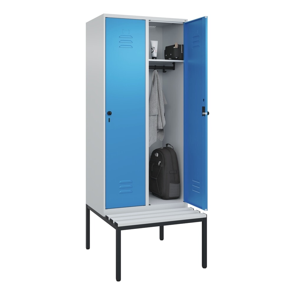 Produktabbildung Nr. 10: C+P Spind Classic PLUS, 2 Abteile, HxBxT 2.120 x 800 x 815 mm, für Vorhängeschloss, untergebaute Bank aus Kunststoff, lichtgrau, lichtblau