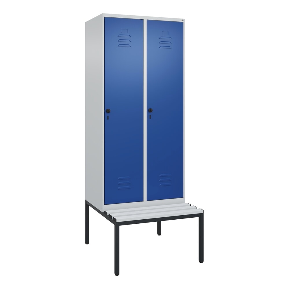 N° de l'image du produit 9 : C+P Spind Classic PLUS, 2 Abteile, HxBxT 2.120 x 800 x 815 mm, für Vorhängeschloss, untergebaute Bank aus Kunststoff, lichtgrau, enzianblau