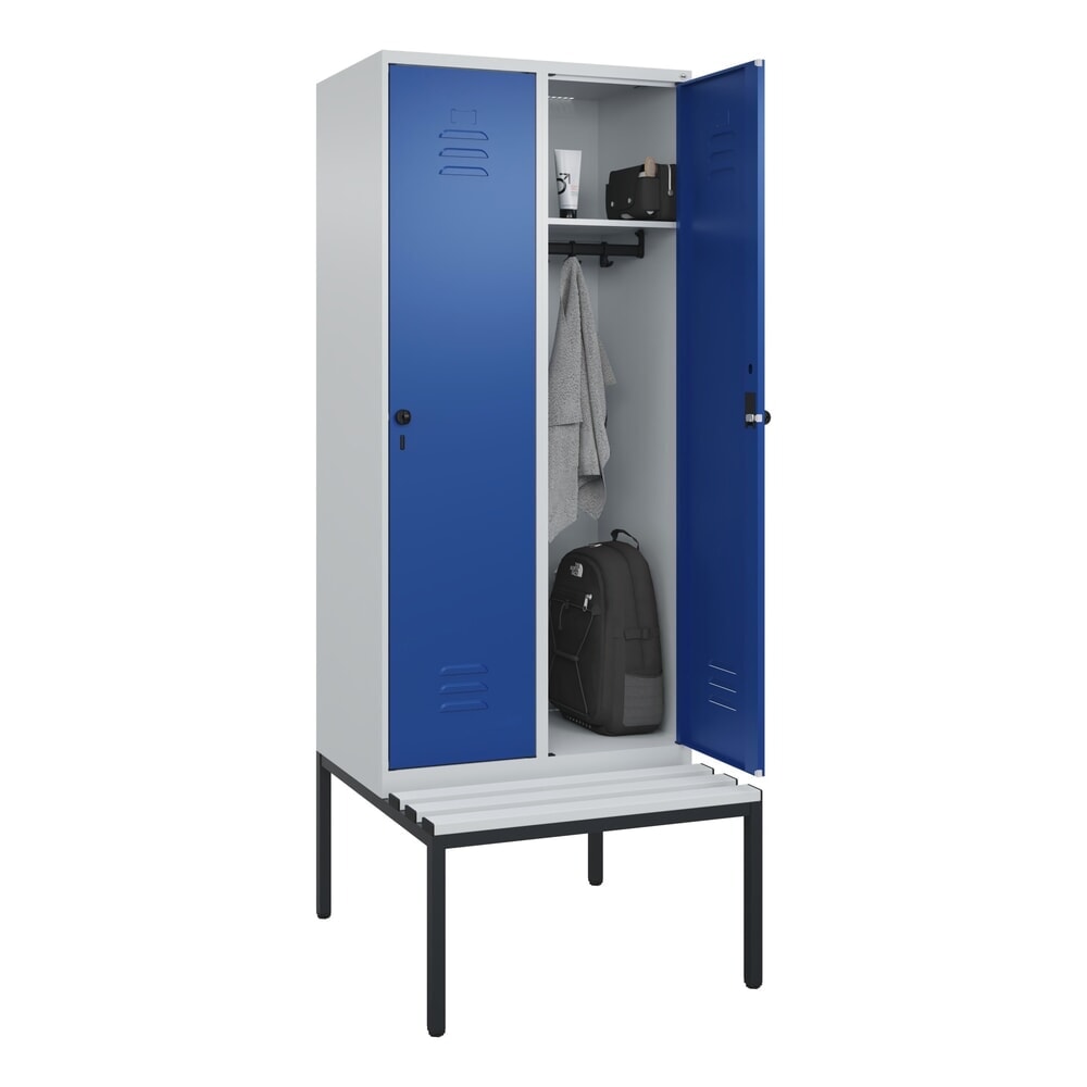 N° de l'image du produit 10 : C+P Spind Classic PLUS, 2 Abteile, HxBxT 2.120 x 800 x 815 mm, für Vorhängeschloss, untergebaute Bank aus Kunststoff, lichtgrau, enzianblau