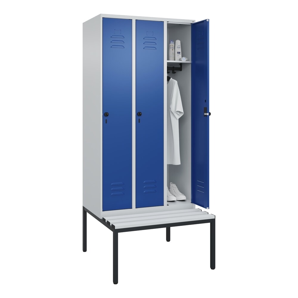 N° de l'image du produit 10 : C+P Spind Classic PLUS, 3 Abteile, HxBxT 2.120 x 900 x 815 mm, für Vorhängeschloss, untergebaute Bank aus Kunststoff, lichtgrau, enzianblau
