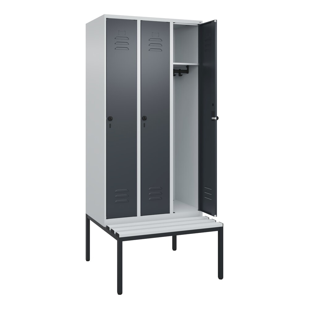 Illustration du produit: C+P Spind Classic PLUS, 3 Abteile, HxBxT 2.120 x 900 x 815 mm, für Vorhängeschloss, untergebaute Bank aus Kunststoff, lichtgrau, anthrazitgrau