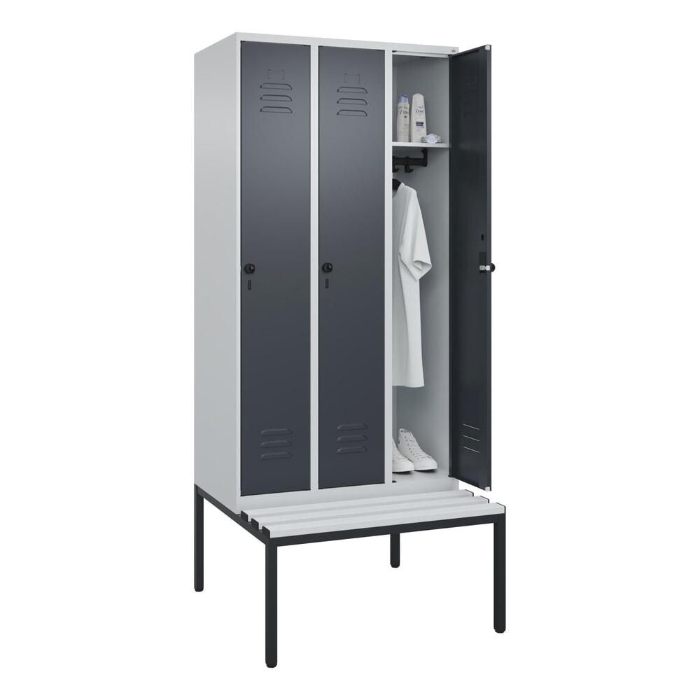 N° de l'image du produit 10 : C+P Spind Classic PLUS, 3 Abteile, HxBxT 2.120 x 900 x 815 mm, für Vorhängeschloss, untergebaute Bank aus Kunststoff, lichtgrau, anthrazitgrau