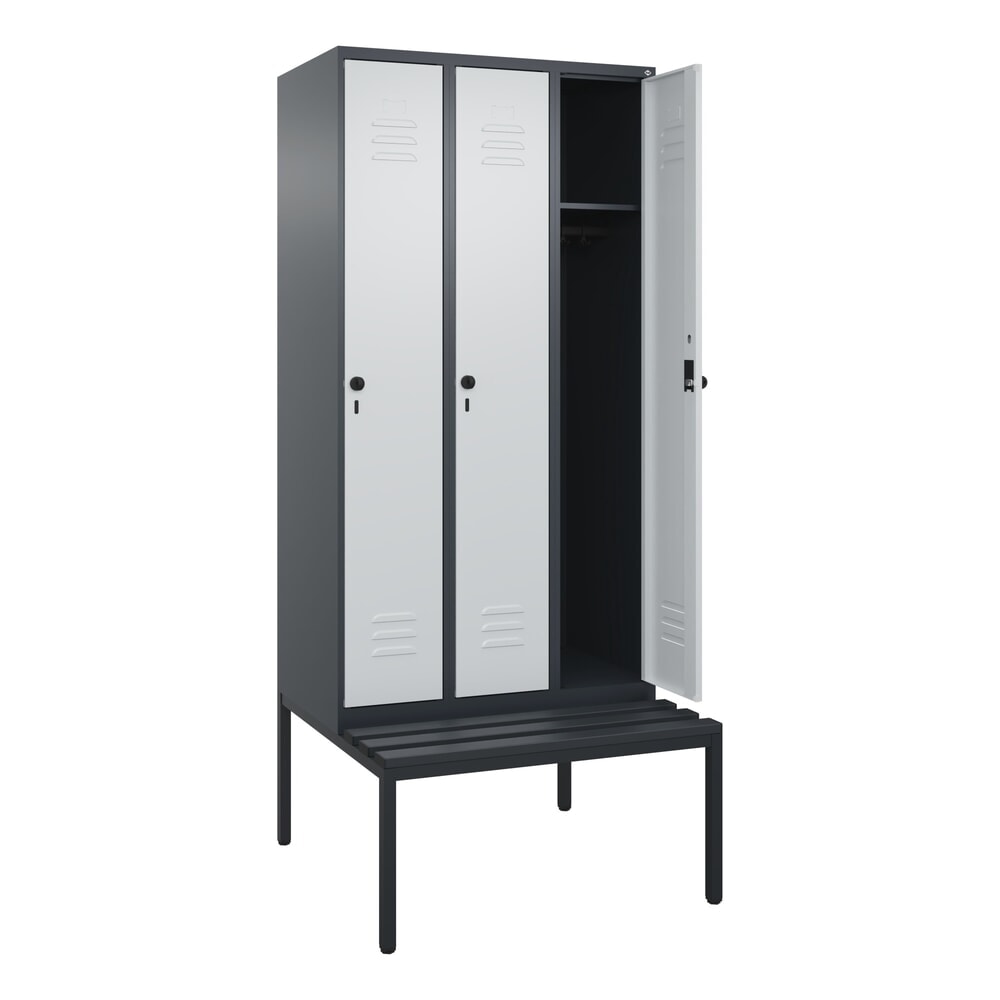 Illustration du produit: C+P Spind Classic PLUS, 3 Abteile, HxBxT 2.120 x 900 x 815 mm, für Vorhängeschloss, untergebaute Bank aus Kunststoff, anthrazitgrau, lichtgrau