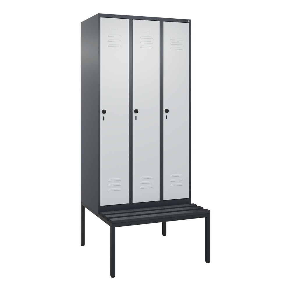 N° de l'image du produit 9 : C+P Spind Classic PLUS, 3 Abteile, HxBxT 2.120 x 900 x 815 mm, für Vorhängeschloss, untergebaute Bank aus Kunststoff, anthrazitgrau, lichtgrau